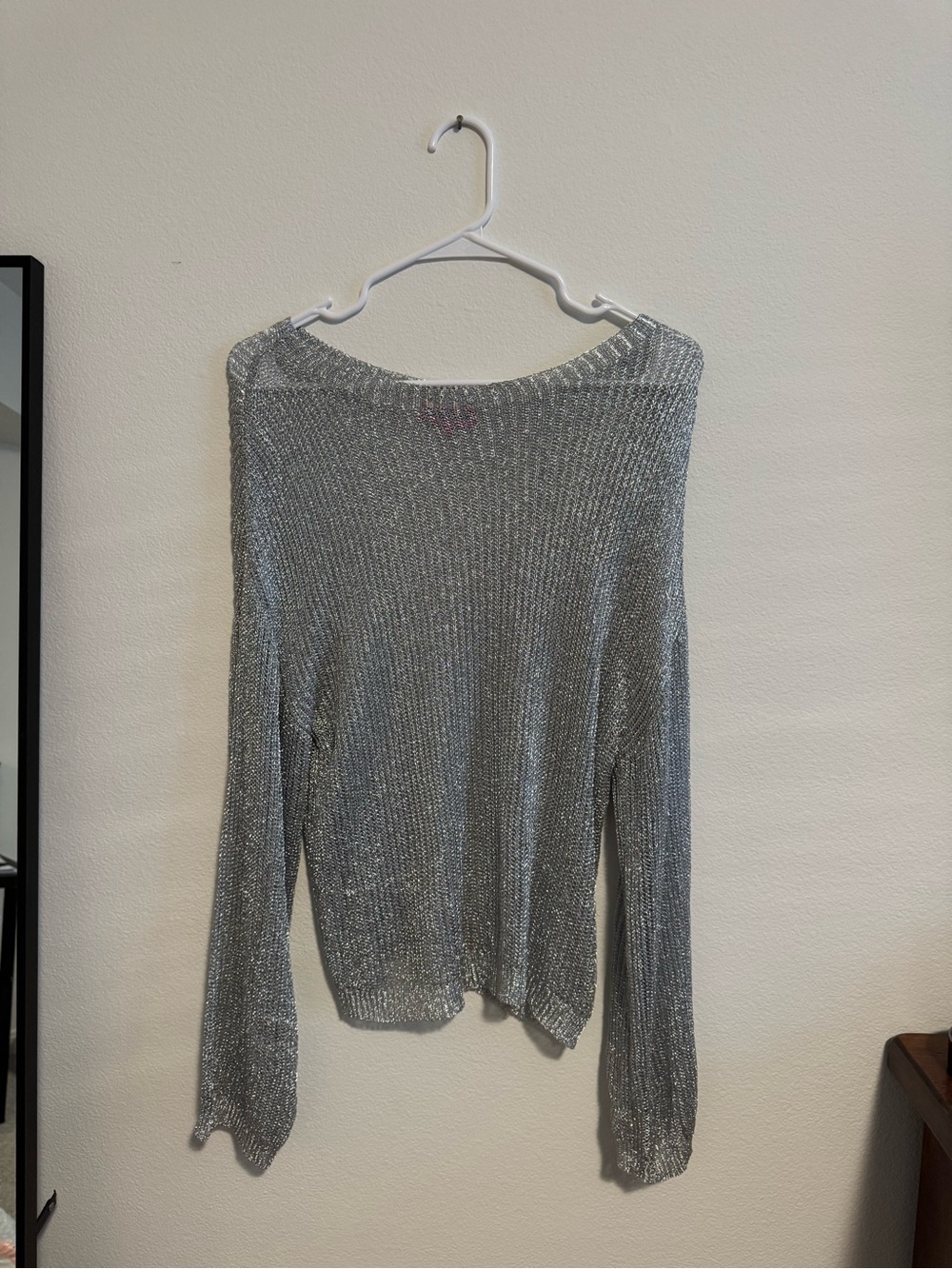 Edikted Silver Off-the-Shoulder Metallic Knit Sweater